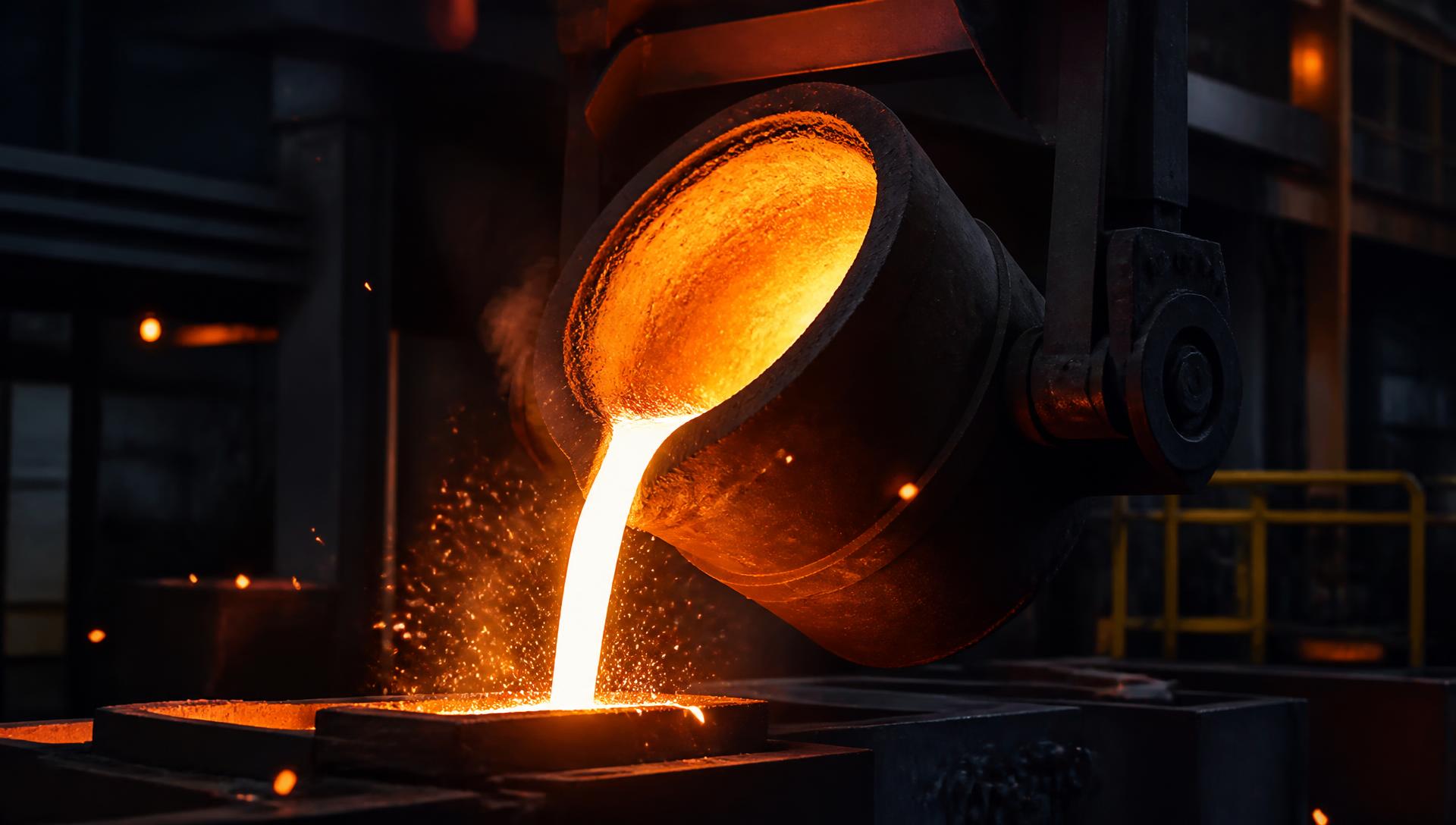 Molten metal poured from a foundry ladle