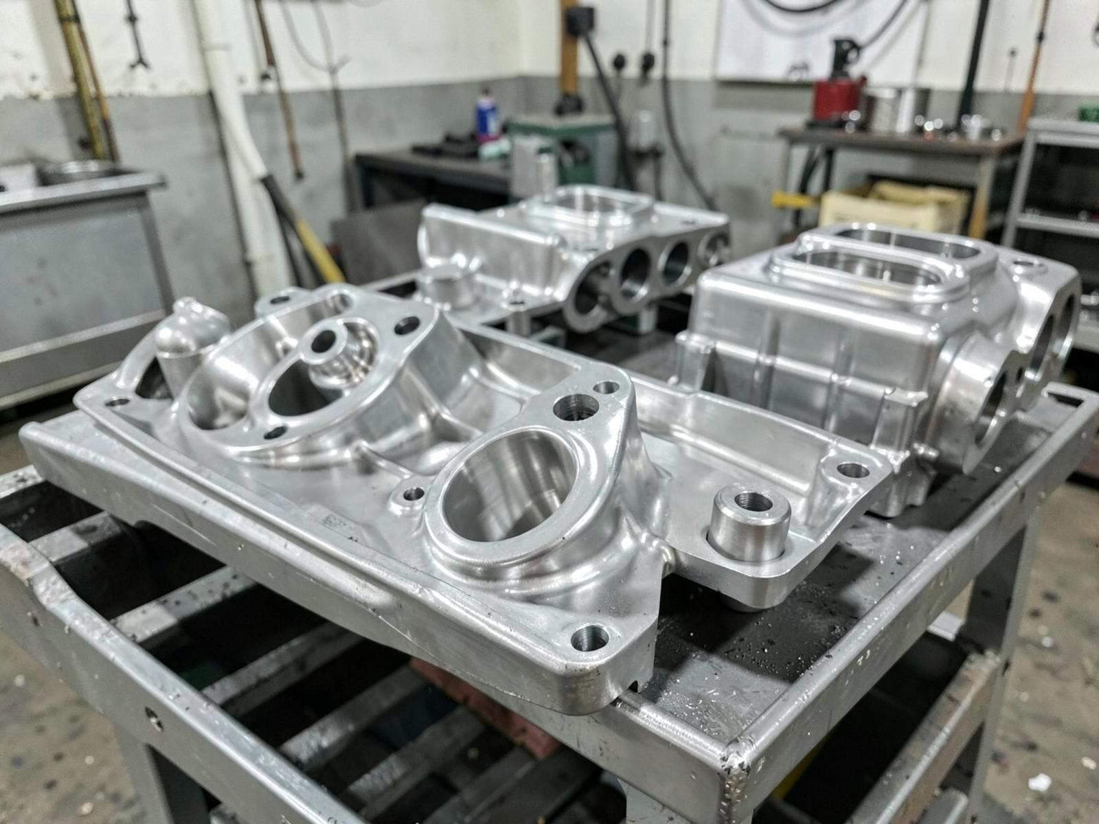 Aluminium castings on a production rack