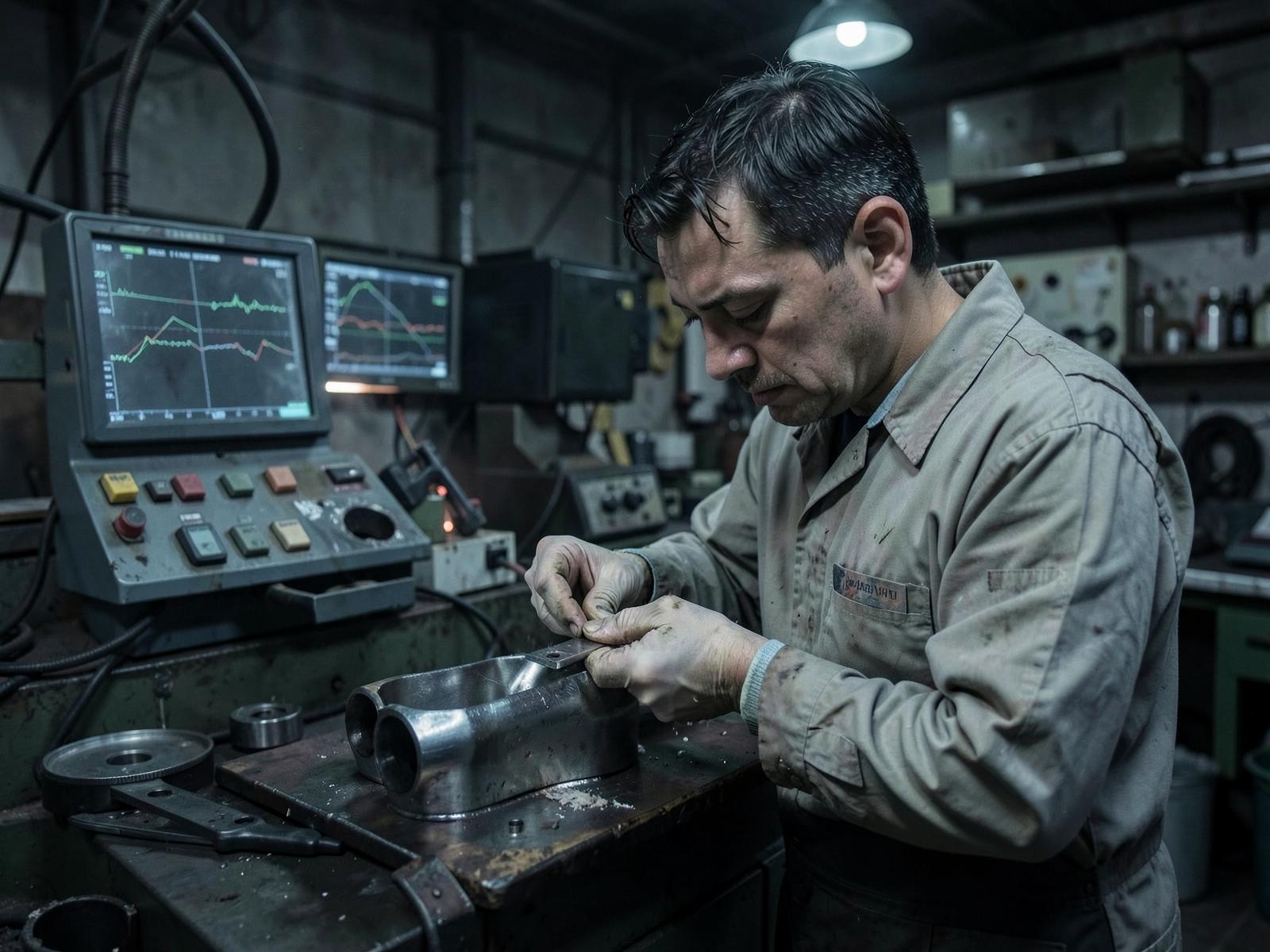 Metallurgist examining a metal sample in a foundry laboratory